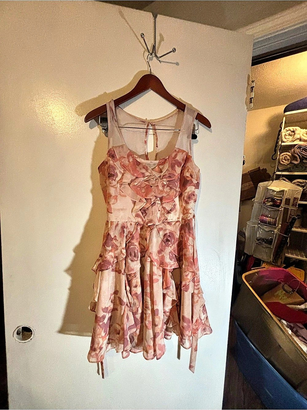 Floral Ruffle Mini Dress in Pink & White Like New